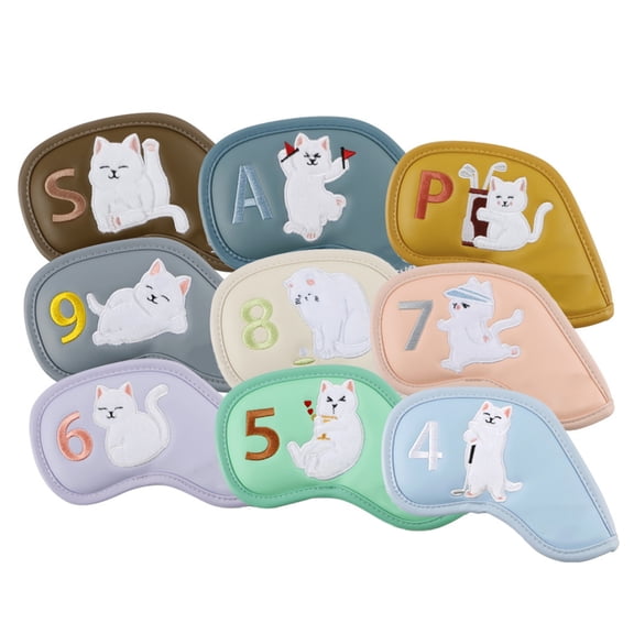 9Pcs Golf Club Covers Golf Iron Head Cover Cats Pattern Golf Rod Head Protector Headcover Scratchproof Case