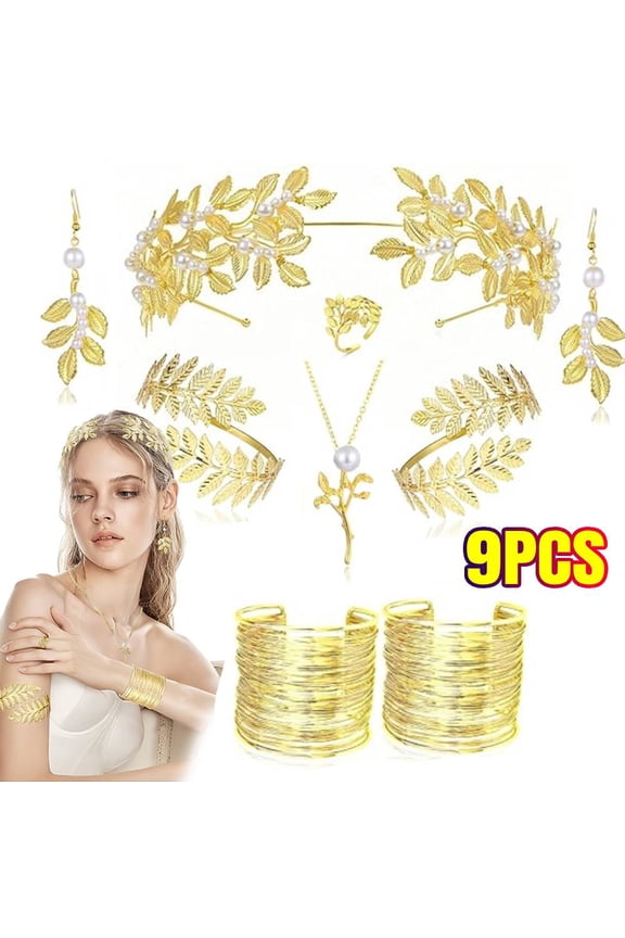 9Pcs Greek Goddess Costume Accessories Set for Women Gold Plated Laurel Leaf Crown Headband Leaf Armband Coil Bracelet Earring Necklace