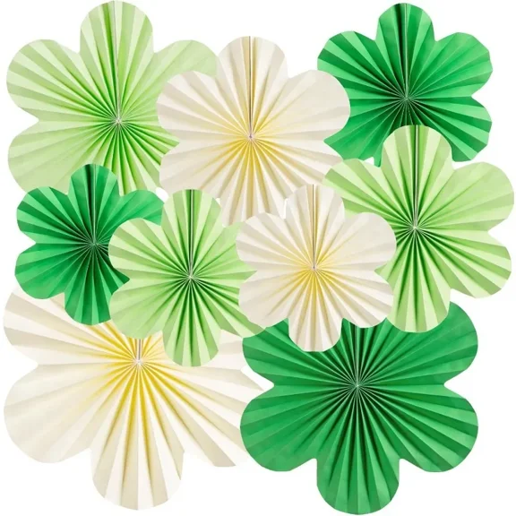 9Pcs Green Beige Paper Flower Fans Hanging Backdrops Set for Spring Theme Party Birthday Wedding Bridal Baby Shower Easter St. Patrick's Day Party Home Shop Classroom Ceiling Decorations Supplies