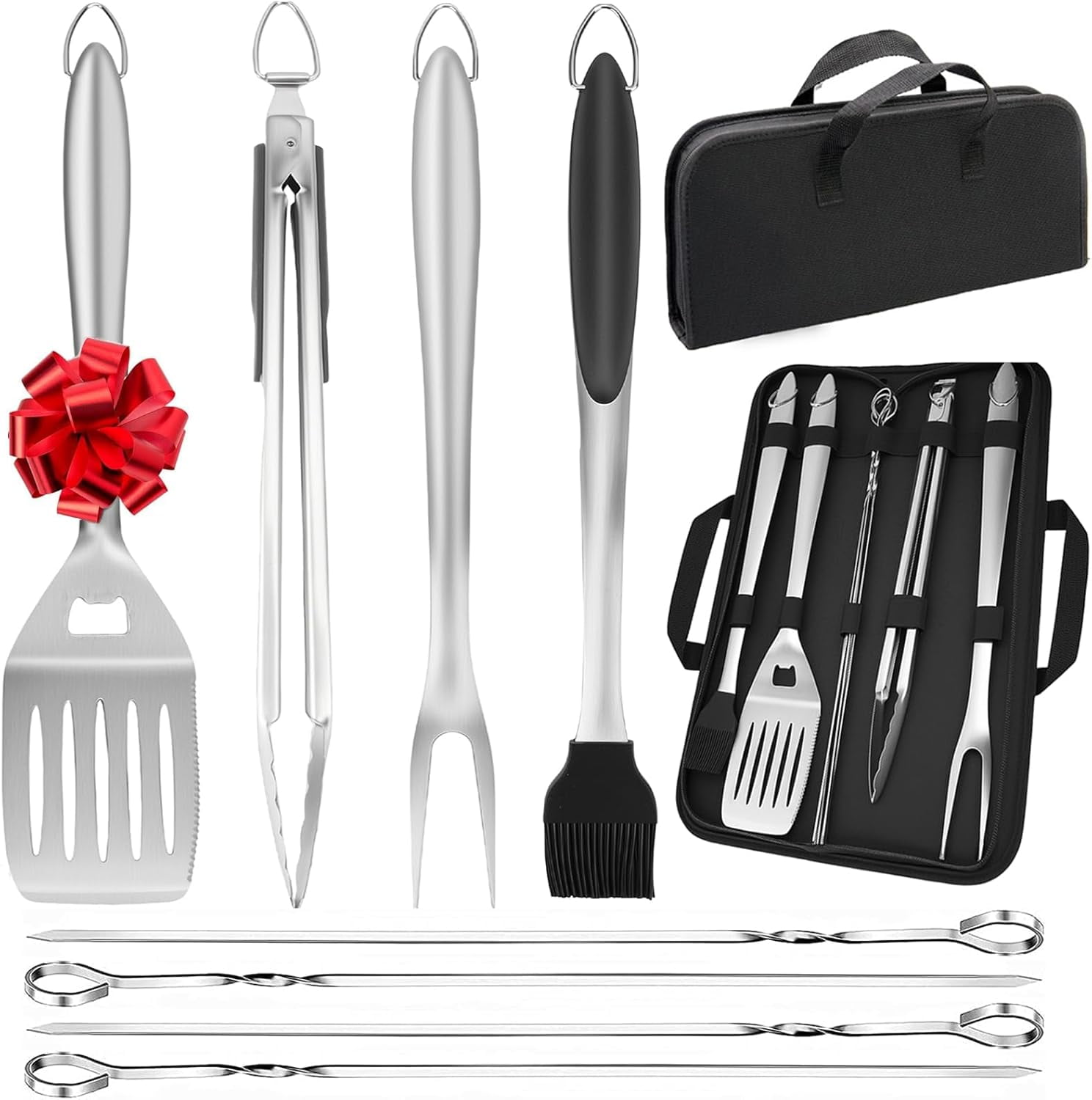 9Pcs Grill Accessories Set with Extra Thick Stainless Steel Spatula, Fork, Tongs, Skewer & Brush, Complete BBQ Grill Tools Kit with Portable Bag, Grilling Gifts for Men Dad Birthday Christmas