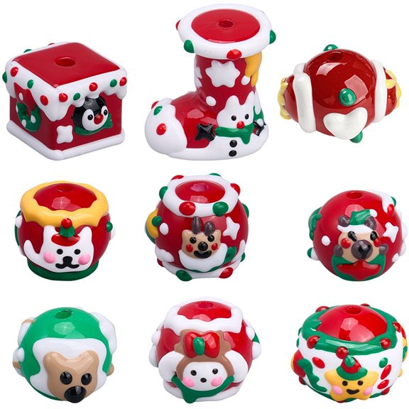 9Pcs Hand Painted Beads Acrylic Christmas Bead Bulk Red Green Winter Holiday Xmas Boots Deer Snowman Round Cube Square Decoration Spacer Beads
