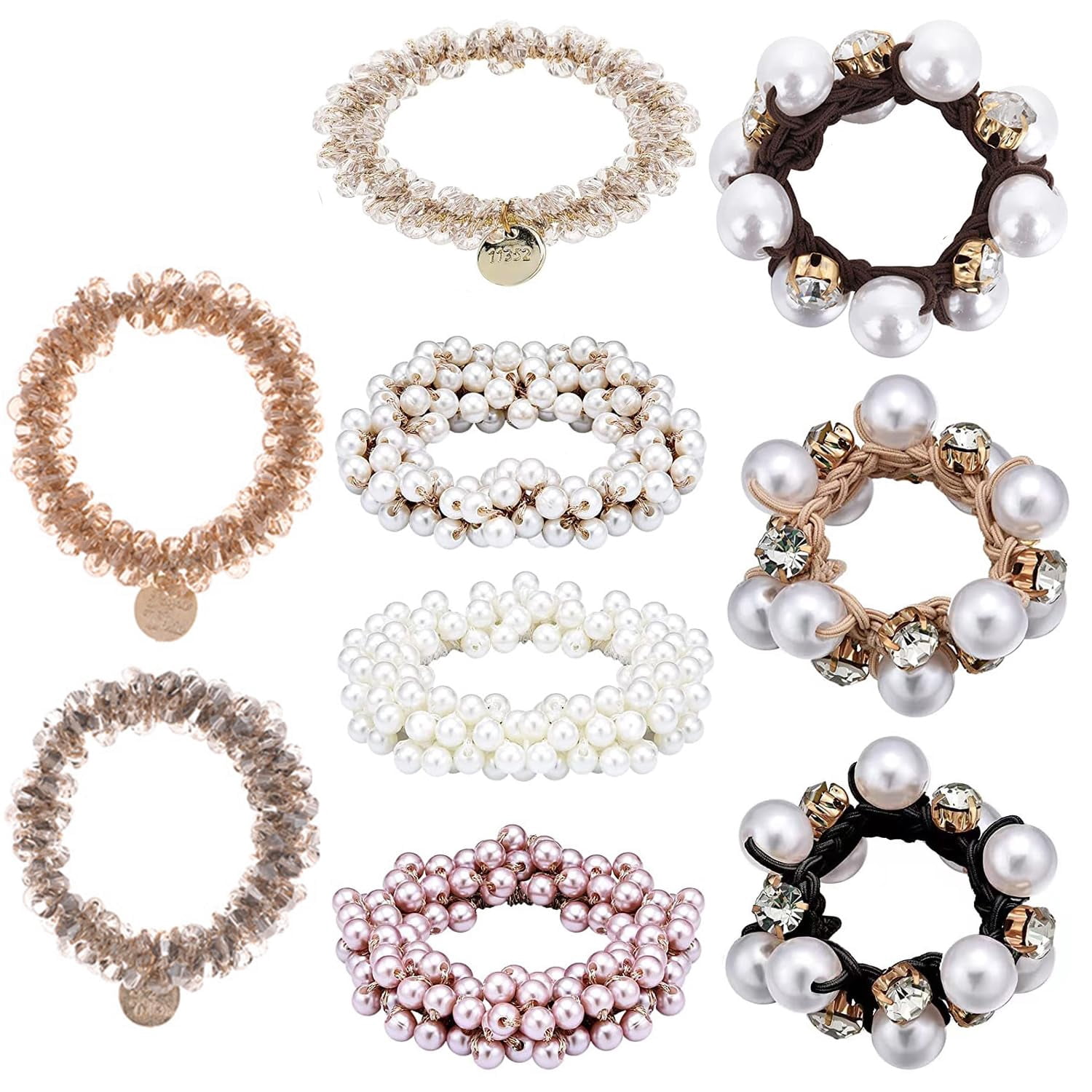 9Pcs Handmade  Pearl and Crystal Hair Accessories: Stretchy Scrunchies, Hair Bands, Ponytail Holders, and Hair Ropes for Women and Girls