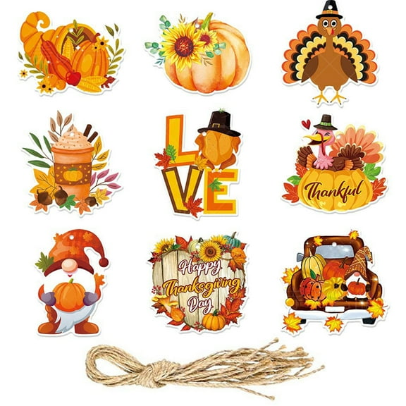 9Pcs Hanging Ornaments Thanksgiving Fall Tree Decorations - Paper Hanging Signs and Pendant with Ropes - Harvest Decor