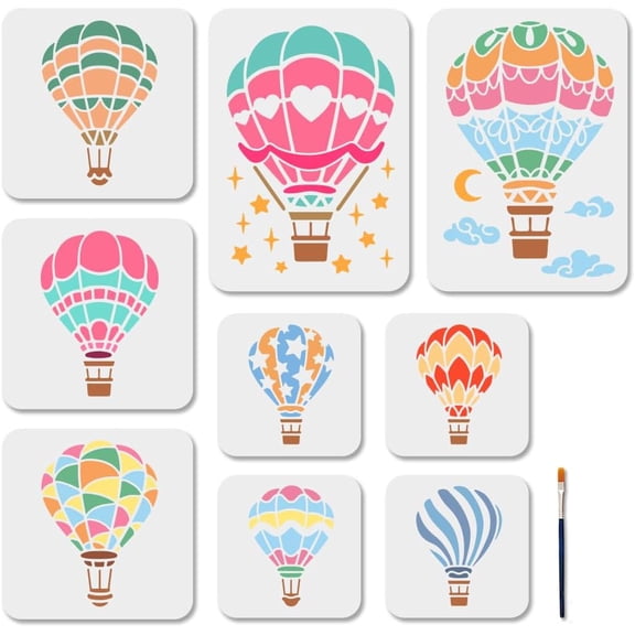 9Pcs Hot Air Balloon Painting Stencils Stars Clouds Moon Hot Air Balloon Stencils 5.9×5.9/11.7×8.3inch Reusable Templates with Paint Brush for Wood Wall Window DIY Craft Home Decor
