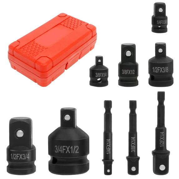 9Pcs Impact Socket Adapter and Reducer Set Chrome Vanadium Steel Impact Driver Converter Kit Square Drive Impact Wrench Adapter 1/4 Inch 3/8 Inch 1/2 Inch 3/4 Inch for Impact Wrench