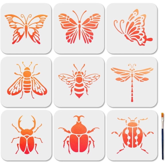 9Pcs Insect Theme Stencils Butterfly Dragonfly Painting Stencil 5.95.9inch Bee Beetles Stencils with Paint Brush Reusable Ladybug Template for Window Wood Wall Home Decor