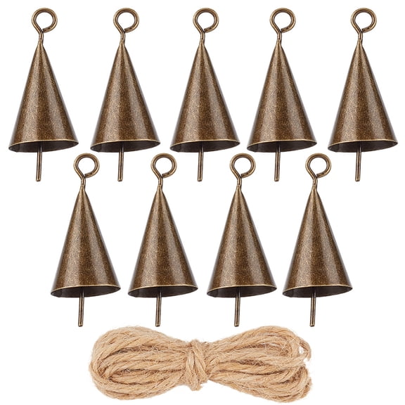 9Pcs Iron Bell Hanging Ornaments with Jute Rope Bronze 45x21mm for making