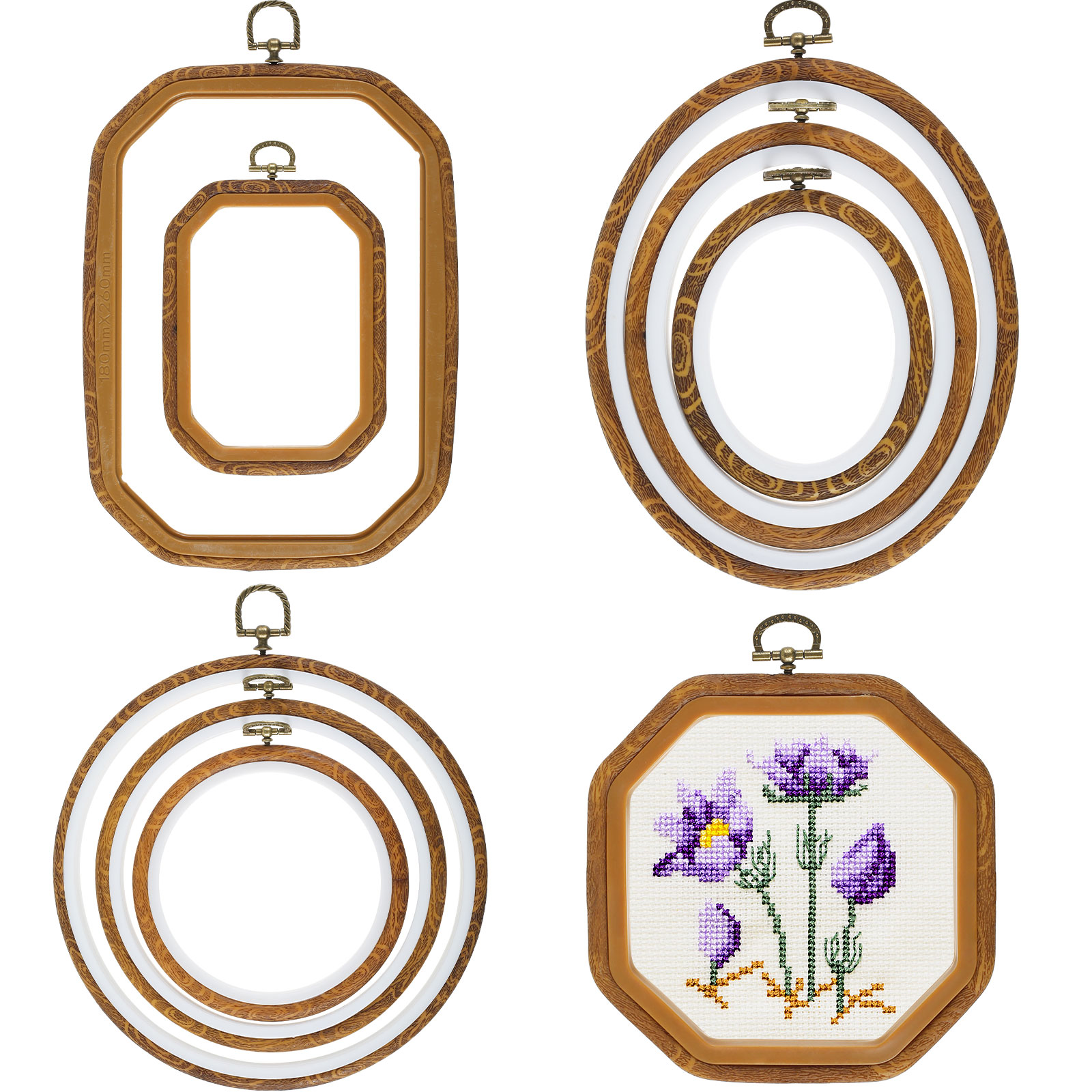 9Pcs Large Embroidery Hoop Frame Imitated Wood Embroidery Display Frame Round Oval Octagonal