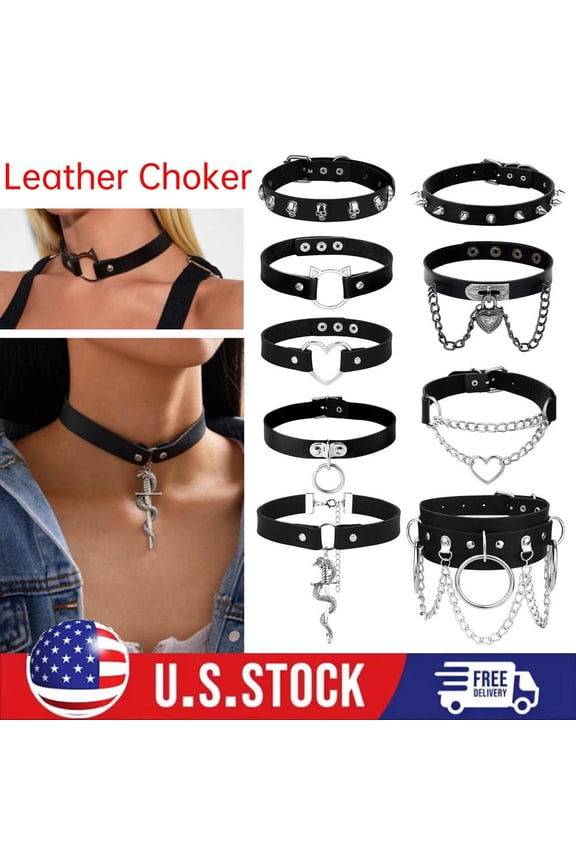 9Pcs Leather Punk Goth Choker Necklace w/ Love Heart Spikes, Adjustable Collar