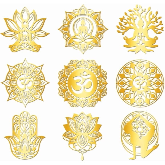 9Pcs Lotus Golden Self Adhesive Stickers 4cm Om Sacred Geometry Metal Decals Mandala Waterproof Decorate Sticker for Scrapbooks DIY Resin Crafts Phone Water Bottle Decoration PapayaWhip