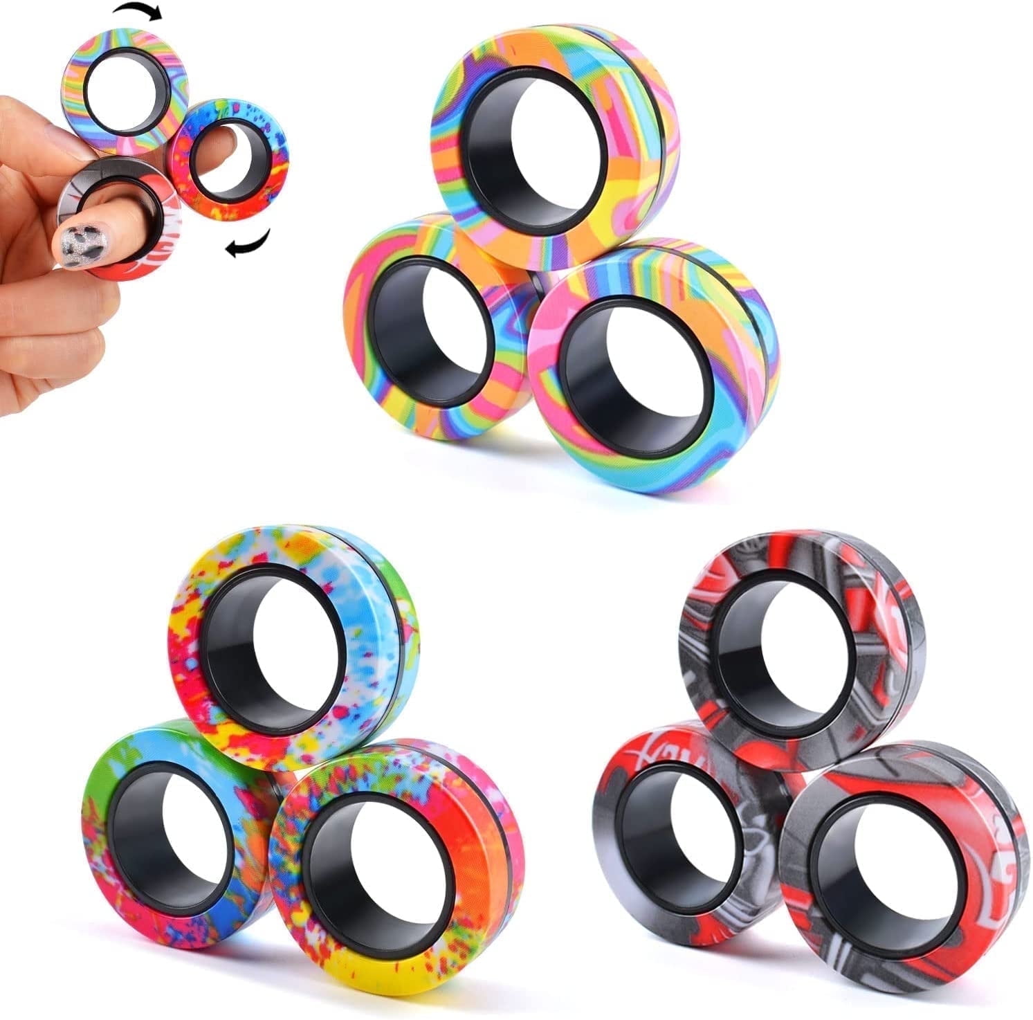 9Pcs Magnet Rings Fidget Toy Set, ADHD Fidget Toys for Adult, Magnets Fidget Spinner Rings for Anxiety Relief, Christmas Stocking Stuffers Gifts for Teen Boy Adults