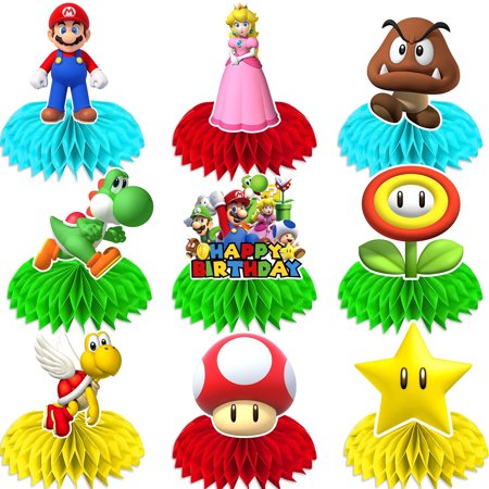9Pcs Mario Honeycomb Centerpieces for Stitch Party Supplies, Double Sided Table Birthday Decorations Centerpieces Party Favors, Shower Cake Topper Photo Booth Props Party (Mario)