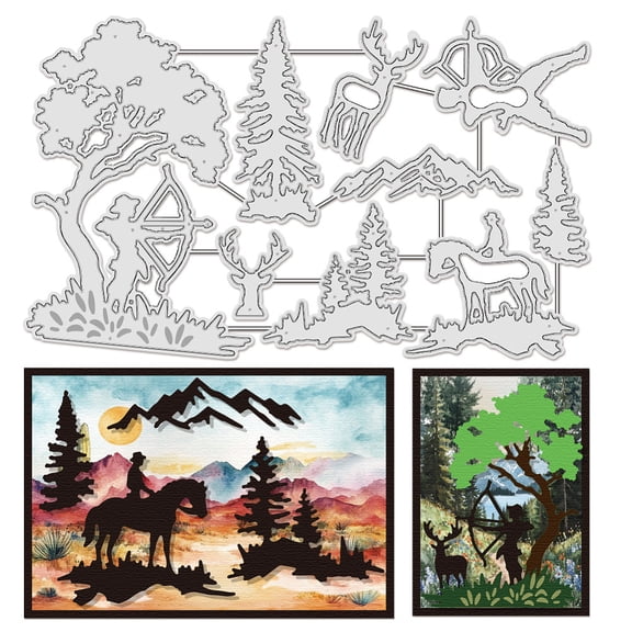9Pcs Metal Tree Background Cutting Dies for Card Making Man Hunt Die Cuts Forest Elk Camel Deer Embossing Stencils Template Mould