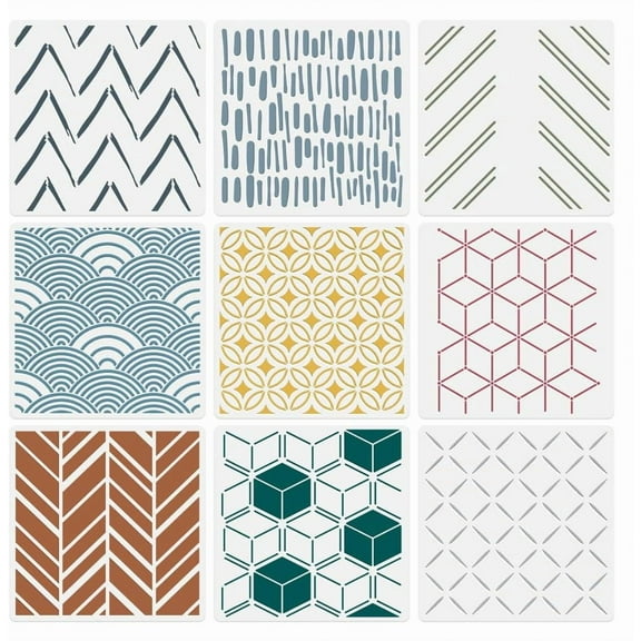9Pcs Modern Geometric Wall Stencil Templates 11.8 x 11.8 Inch Reusable Plastic Simple Style Stencils for DIY handcrafting