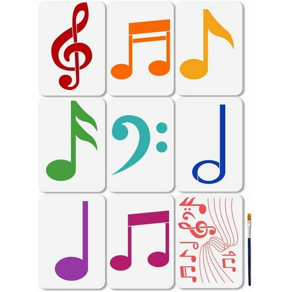 9Pcs Music Notes Stencil Musical Treble Clef Rhythm Art Craft Stencils 11.7×8.3inch Reusable Music Notation Template Set for Painting on Wood Furniture Canvas Wall Paper Decor White DIY