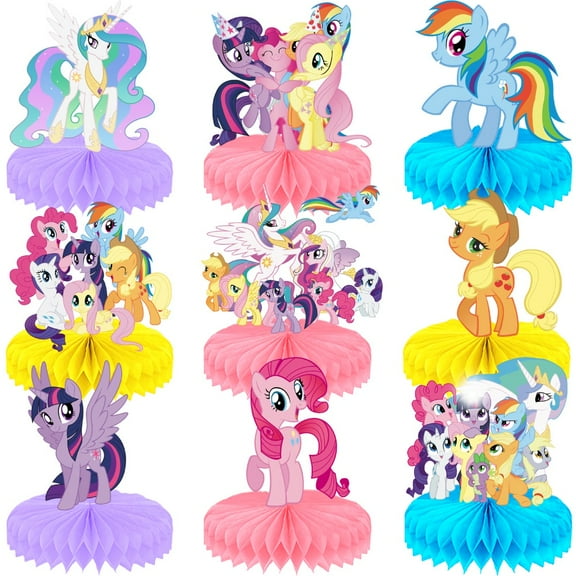 9Pcs My Little Pony Cartoon Theme 3D Double Side Honeycomb Centerpieces Table Toppers,Cartoon Birthday Party Decorations Supplies for kids.