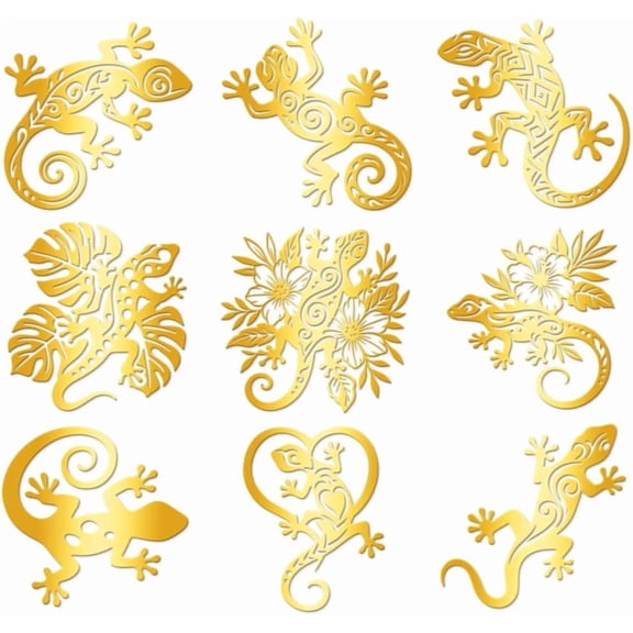 9Pcs Nickel Self-adhesive Picture Stickers Metal Decals Golden Gecko 40x40mm for DIY