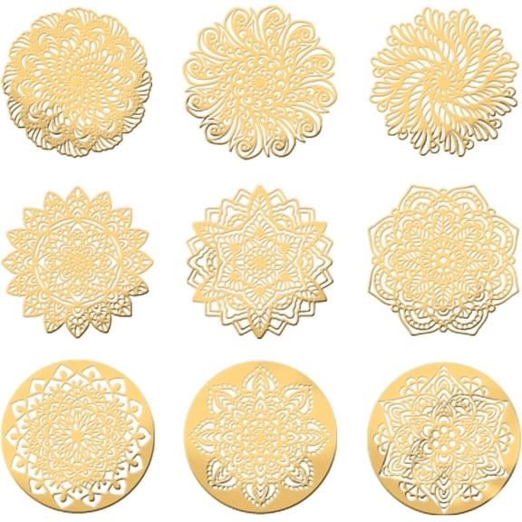 9Pcs Orgonite Sticker Mandela Flower Sticker Gold Metal Sticker Decorate Stickers Self Adhesive Golden Stickers for Scrapbooks DIY Resin Crafts Phone Water Bottle Decoration - 1.6x1.6 Inch Gold