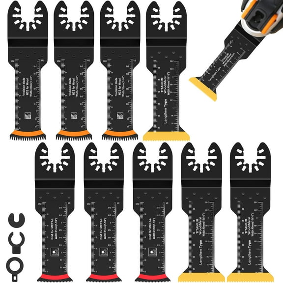 9Pcs Oscillating Saw Blade Set Titanium Bimetal Oscillating Multitool Blade Extra Long Curved Edge Oscillating Tool Blade Universal Japanese Teeth Multi Tool Blade for Cutting Metal