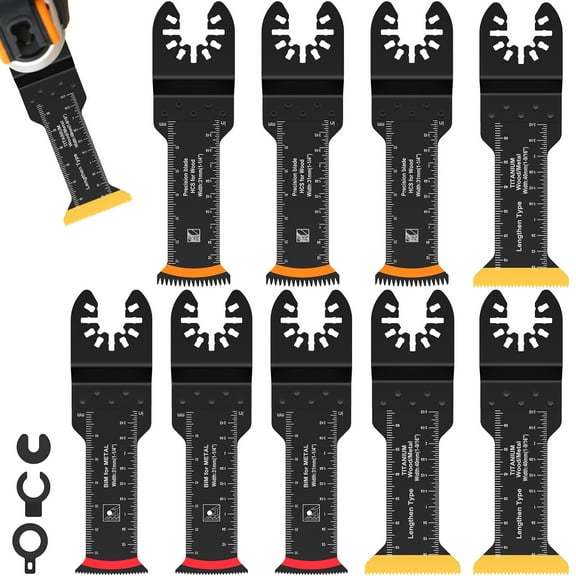 9Pcs Oscillating Saw Blade Set Titanium Bimetal Oscillating Multitool Blade Extra Long Curved Edge Oscillating Tool Blade Universal Japanese Teeth Multi Tool Blade for Cutting Metal