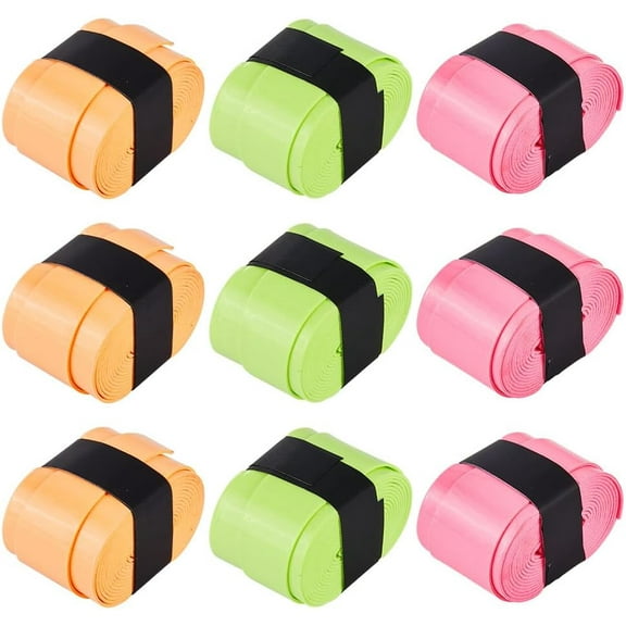9Pcs Overgrip Tennis Racket Grips Pickleball Badminton Racket Grip Tape PU Leather Tacky Over Wrap Fishing Rods for Comfort Anti-Slip Absorbent Sweat Grip 2.5x110cm Pink Orange Green Mixed Color