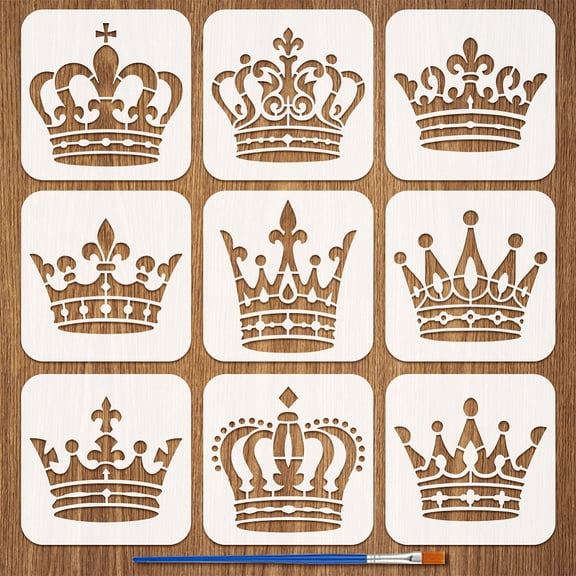 9Pcs Painting Stencil with Brush5.9x5.9inch Queens Princess Art Stencils Reusable King Template Plastic Drawing Stencils