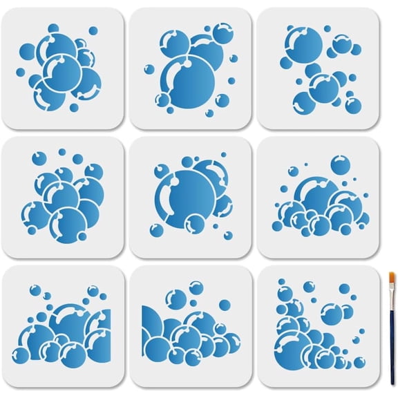 9Pcs Painting Stencils Edge Stencils 5.95.9inch with Paint Brush Bubbles Block Pattern Craft Stencils Template