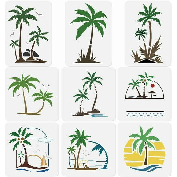 9Pcs Palm Tree Wall Stencil Template Plastic Reusable Beach Stencils for DIY