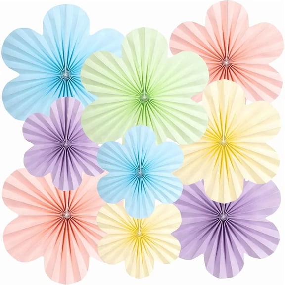 9Pcs Pastel Macaroon Rainbow Paper Flowers Fans Hanging Bakcdrops for Spring Summer Theme Party Birthday Wedding Baby Shower Classroom Home Shop Showcase Photo Booth Decorations Supplies