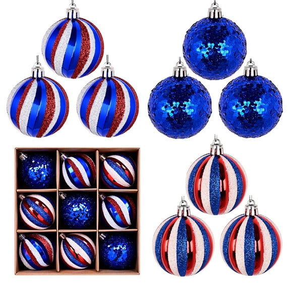9Pcs Patriotic Christmas Ball Ornaments Set, Red White Blue Glitter Electroplated Hanging Balls for Independence Day 4th of July Memorial Day Party Decor