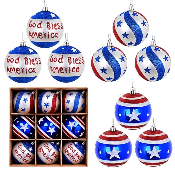 9Pcs Patriotic Christmas Ball Ornaments Set, Red White Blue Glitter Electroplated Hanging Balls for Independence Day 4th of July Memorial Day Party Decor