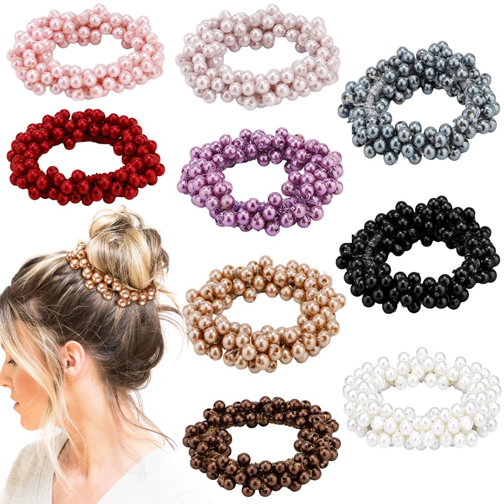 9Pcs Pearl Hair Ties, Crystal Beads Bulk Hair Ropes Stretchy Handmade  Hair Accessories for Women Girls, Multi-color Pearl