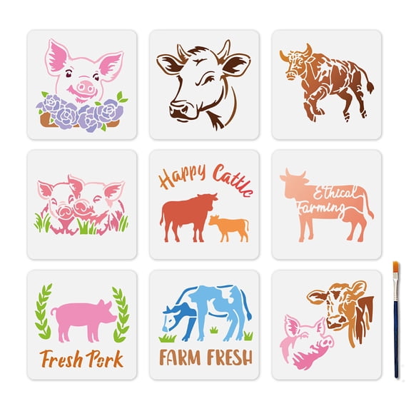 9Pcs Pigs Cattles Stencils Reusable Happy Farm Animals Stencil for Painting 5.95.9inch Fresh Pork Art Craft Templates with Paint Brush for Window
