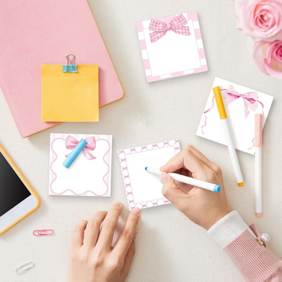 9Pcs Pink Bow Sticky Notes Watercolor Bowknot Square Self Adhesive Notepad Removable Memo Pad or Home Classroom Office Party Decor$$Office