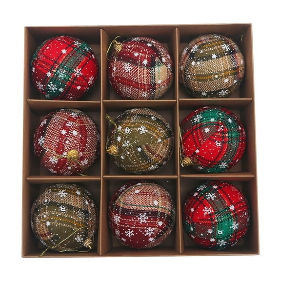 9Pcs Plaid Christmas Ball Ornaments Snowflake Pattern Xmas Tree Hanging Decorations for Home Holiday Decor