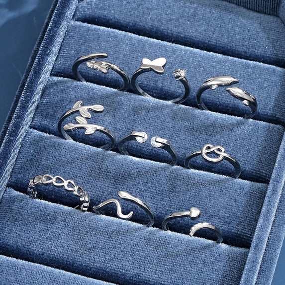 9Pcs Platinum Plated Alloy Cuff Toe Rings Mixed Shapes Leaf Heart Butterfly Design 16-18mm Inner Diameter Jewelry Accessories for Women
