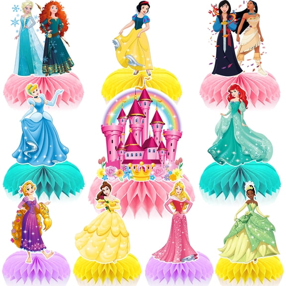 9Pcs Princess Party Supplies Set Honeycomb Centerpieces Double Sided Table Topper for Birthday Decorations