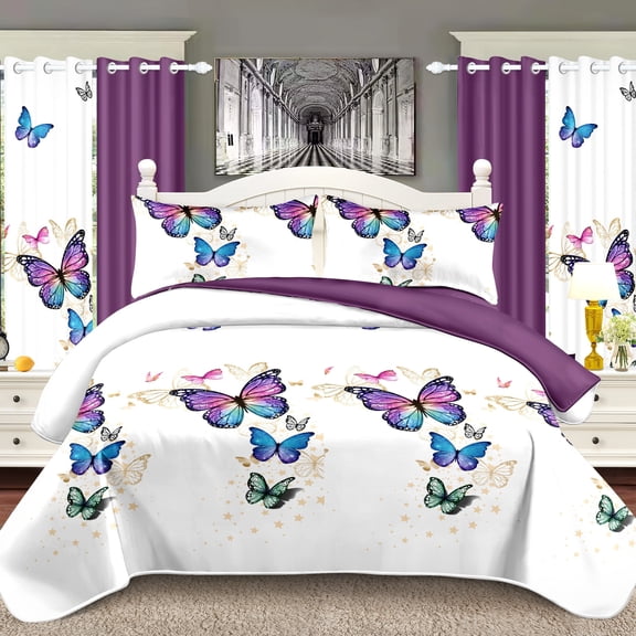 9Pcs Quilt Bedding Set Butterfly Bedspread Queen Size For Modern Bedroom, Lightweight Comforter With 2 Pillow Shams, 6 Matching Curtains 86X86in