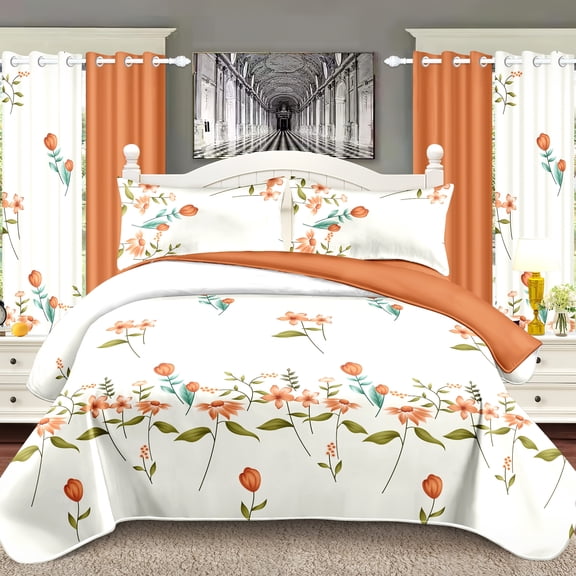 9Pcs Quilt Bedding Set Orange Flowers Bedspread California King Size For Bedroom, Lightweight Comforter With 2 Pillow Shams, 6 Matching Curtains 92X106in