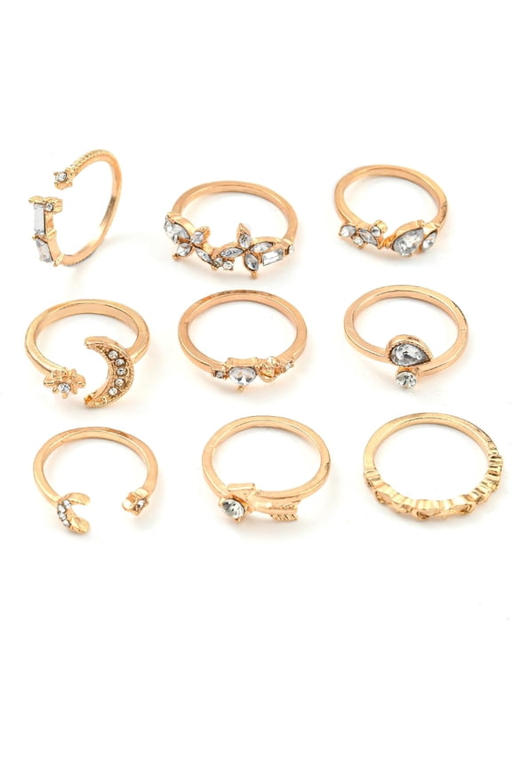 9Pcs Rhinestone Cuff Rings Set Golden Alloy Stackable Rings Inner Diameter 18mm Golden