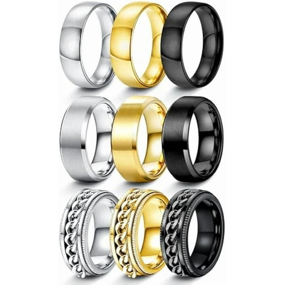 9Pcs Rings for Men Gold Silver Mens Rings Stainless Steel Wedding Bands for Men 8MM Width Mens Wedding Band Ring Set Silver Black Gold Male Promise Bands Ring Size 7-12