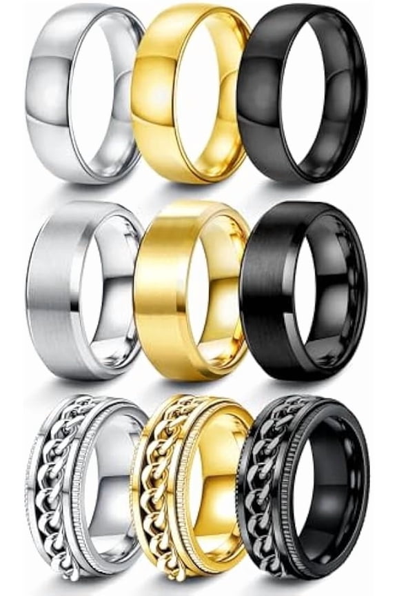 9Pcs Rings for Men Gold Silver Mens Rings Stainless Steel Wedding Bands for Men 8MM Width Mens Wedding Band Ring Set Silver Black Gold Male Promise Bands Ring Size 7-12