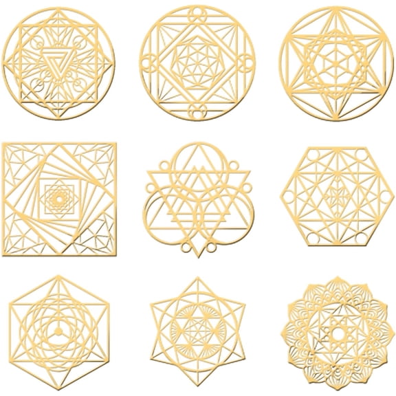 9Pcs Sacred Geometry Metal Energy Sticker Golden Orgone Pyramid Stickers Stainless Steel Stickers for Scrapbooks DIY Resin Crafts Phone Water Bottle Decoration Gold