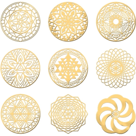 9Pcs Sacred Geometry Stickers Decals Orgone Gold Metal Stickers Energy Tower Material for DIY Scrapbooks Resin Crafts Phone and Water Bottle Decorations Gold