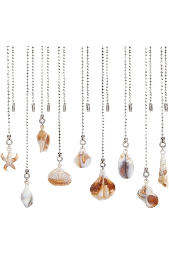 9Pcs Sea Shell Ceiling Fan Pull Chain 9 Style Acrylic Summer Ocean Beach Seashell Marine Hanging Boho Pendant Charm Ball Chain Dangler Extension Ornament for Ceiling Fan Light Lamp Decor