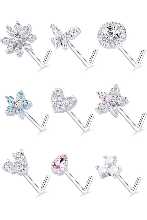 9Pcs/Set 20g Mix Color Cubic Zircon Nose Ring Piercing Round Crystal Nostril Piercing Nose Bone/L Shaped/Nose Screws Nose Stud Piercing