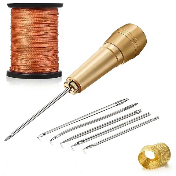 9Pcs Shoe Repair Needle and Thread Set, Canvas Leather Sewing Awl Needle with Copper Handle 45m Nylon Waxed Thread Cord with Thimble Assortment Kit Leather Sewing Tools for Canvas Shoe and Repair