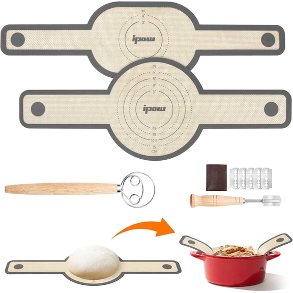 9Pcs Silicone Bread Sling Set for Dutch Oven with Dough Whisk & Bread Lame, Non-Stick Reusable Baking Mat with Long Handles, Grey