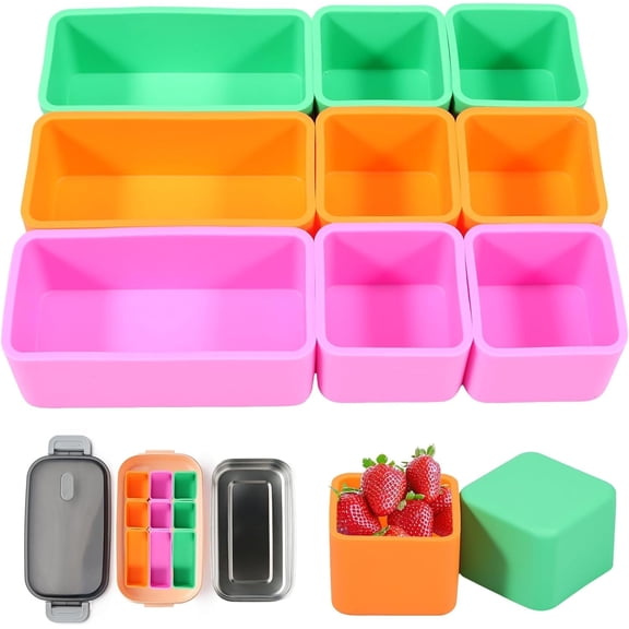 9Pcs Silicone Lunch Box Dividers, 6 Square and 3 Rectangular Dividers, Reusable Non-Toxic, BPA Free Lunch Divider Insert Accessories, Food Grade Silicone Bento Box Baking Cups (Green Orange Purple)