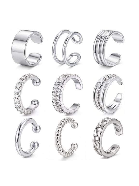 9Pcs Silver Plated Ear Cuff Set No Piercing Adjustable Cartilage Clip On Earrings for Women